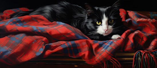 Sticker - Elegant Tuxedo Cat Relaxing on Vibrant Red Plaid Blanket