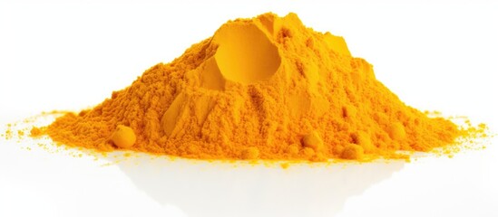 Poster - Vibrant Turmeric Powder on White Background - Healthy Spices and Seasonings Concept
