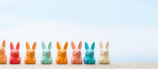 Poster - Vibrantly Painted Wooden Bunnies Forming a Colorful Row on White Surface