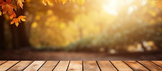 Aufkleber - Rustic Wooden Table Adorned with Colorful Autumn Leaves for Stylish Product Showcase