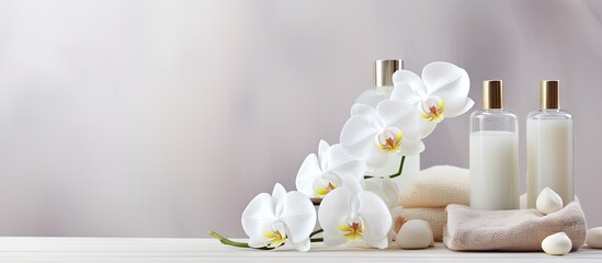 Poster - Luxurious Spa Setting with White Orchid, Lotion, and Soft Towel for Organic Skincare Relaxation