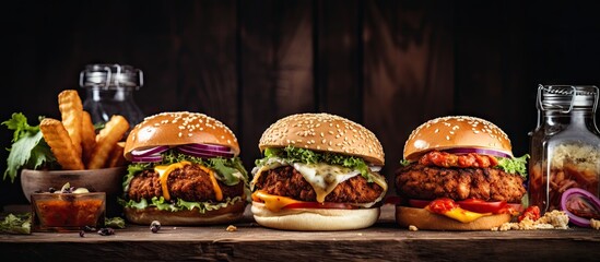 Poster - Three Burgers with Different Toppings and Condiments on Rustic Wooden Table