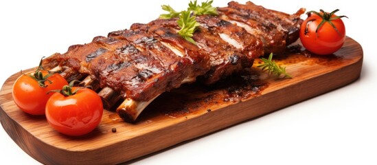 Poster - Succulent Grilled Ribs on Wooden Cutting Board with Fresh Tomatoes and Spices