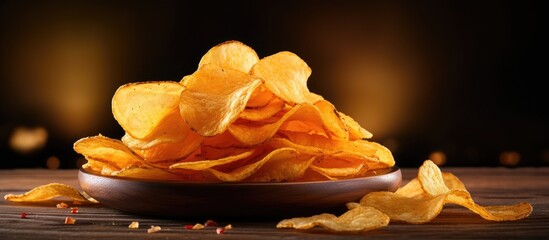 Poster - Satisfying Bowl of Crunchy Potato Chips on Rustic Wooden Table - Delicious Snack for Fast Food Cravings