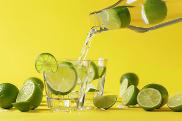 A pitcher of water is poured into two glasses with lime slices