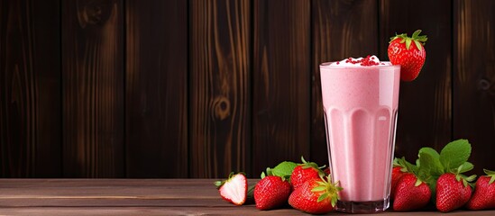 Poster - Refreshing Glass of Strawberry Milkshake with Fresh Strawberries on Wooden Summer Table