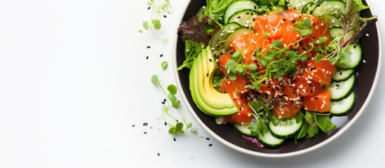 Poster - Vibrant Salmon Poke Bowl with Fresh Cucumber, Avocado, and Seaweed for Healthy Eating