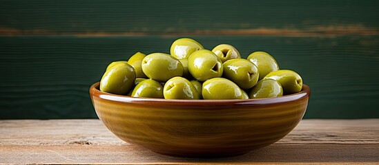 Poster - Artisanal Ceramic Bowl Overflowing with Fresh Green Olives on Rustic Wooden Background
