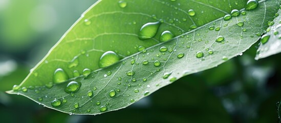 Poster - Glistening Green Leaf with Pristine Water Droplets in Morning Sunlight, Nature's Refreshing Beauty