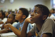 Three young black boys are sitting in a classroom, looking at the teacher