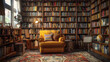 © ChubbyCat - Cozy home library interior with a yellow armchair, colorful cushion, surrounded by wooden shelves filled with books, a patterned rug on the floor, and a globe on a stand by the window.