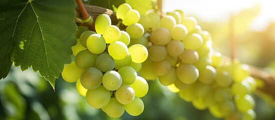 Poster - Ripe Green Grapes Hanging in Vibrant Vineyard - Luscious Harvest Ready for Picking