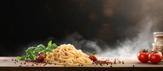 Poster - Rustic Pasta and Vine-Ripened Tomatoes Arranged on a Wooden Table