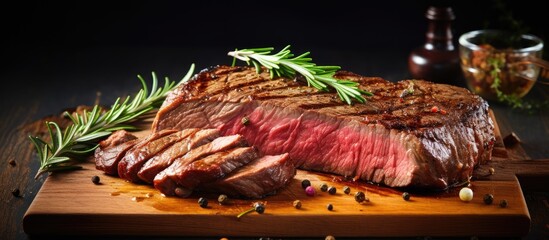 Poster - Juicy Grilled Ribeye Beef Steak with Fresh Rosemary on Wooden Cutting Board
