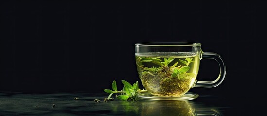 Poster - Soothing Green Tea Infusion: A Glass Cup Filled with Fresh Thyme and Mint Plant