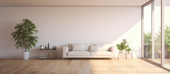 Wall Mural - Minimalist White Couch Sitting Atop a Shaggy Rug in a Contemporary Living Room Oasis