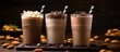 Indulgent Trio: Rich Chocolate Milkshakes Garnished with Crunchy Nuts and Smooth Chocolate Drizzle
