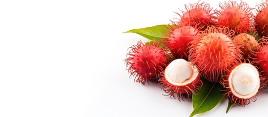 Wall Mural - Vibrant Rambutan Fruits surrounded by Fresh Green Leaves on White Background