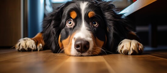 Poster - Adorable Bernese Mountain Dog Poses on Kitchen Floor Gazing Curiously at Camera