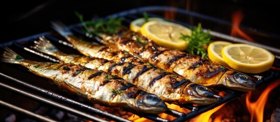 Poster - Sizzling Fish Delight: Freshly Grilled Sardines with Zesty Lemons and Aromatic Herbs