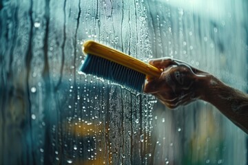 Wall Mural - A person holding a brush in front of a window. Suitable for art and creativity concepts