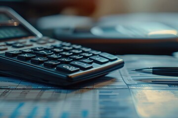 Poster - Office desk with calculator and pen, useful for business concepts