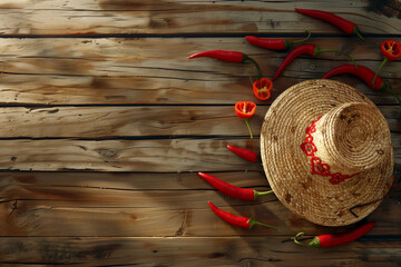 Wall Mural - A wooden table with a hat and red peppers on it