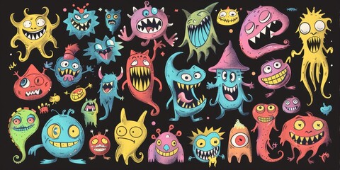 Poster - A group of colorful cartoon monsters on a dark backdrop. Ideal for children's designs and Halloween projects