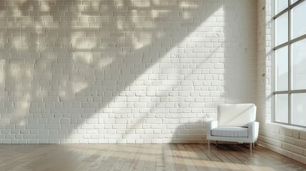 Poster - Simple white chair against white brick wall, suitable for interior design concepts