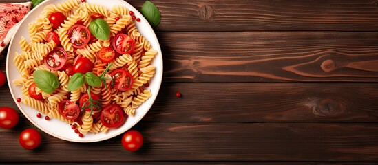 Poster - Delicious Plate of Pasta with Fresh Tomatoes and Basil Leaves on Light Wooden Background