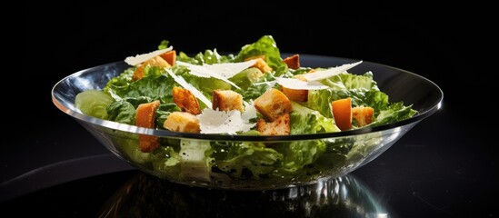 Poster - Fresh Caesar Salad Served in a Glass Bowl on a Sleek Black Surface