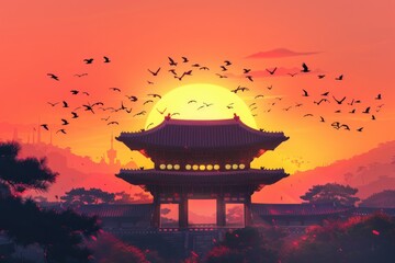 Poster - A serene sunset scene with a pagoda and birds flying in the sky. Ideal for travel or nature-themed projects