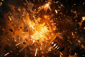 Poster - A close up of a light bulb with sparks coming out of it. Perfect for illustrating creativity and innovation