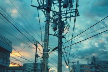 Aufkleber - Image of a telephone pole with numerous wires. Suitable for technology and infrastructure concepts