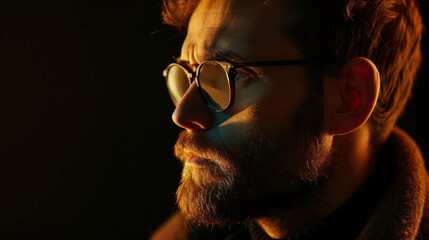 Wall Mural - A man with a beard and gray hair is looking at the camera. The image has a moody and contemplative feel to it