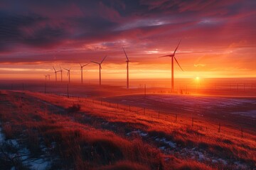 Aufkleber - Sun setting behind a row of wind turbines, suitable for energy or environmental concepts