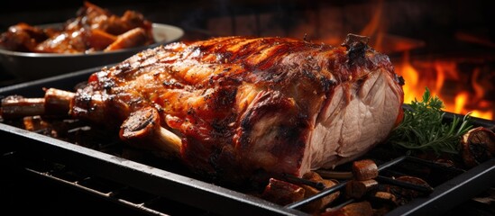Poster - Succulent Pork on Roasting Rack Ready to Serve for a Delicious Meal Preparation Closeup