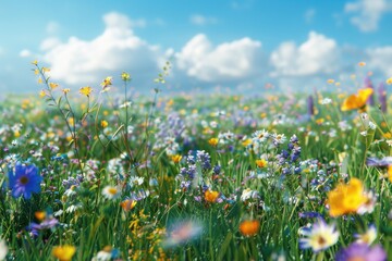 Poster - Beautiful field of flowers with clear blue sky background. Ideal for nature and outdoor concepts