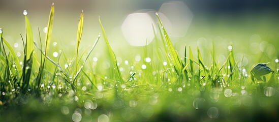 Poster - Serene Water Droplet Glistens in Sunshine on Fresh Green Grass Field