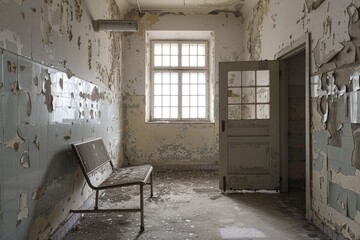 Poster - A room with peeling paint and a bench. Suitable for urban decay themes