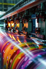 Poster - A machine printing a rainbow colored shirt. Suitable for fashion industry projects