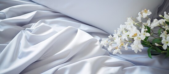 Aufkleber - Delicate White Flower Resting on Soft Bed Sheet with Copy Space