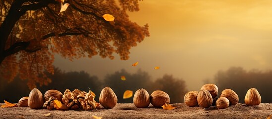 Aufkleber - Assorted Nuts Arranged on Wooden Table, a Rich Harvest Display of Autumn Flavors
