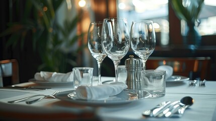 Poster - A beautifully arranged table set with wine glasses and silverware. Perfect for dining or celebration events