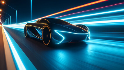 Wall Mural - Futuristic car with neon lights on the road. 3d rendering