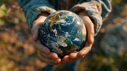 Aufkleber - Person holding a small earth globe, suitable for environmental concepts