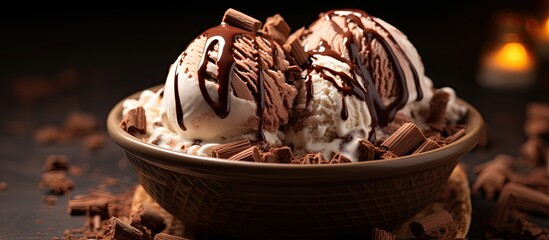 Sticker - Indulgent Treat: Tempting Bowl of Chocolate Ice Cream Delightfully Swirled with Milk