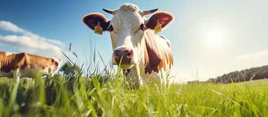 Poster - Grazing Cow at Peace in Lush Green Pasture under Clear Blue Sky