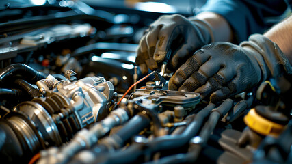 Wall Mural - auto mechanic working in workshop, close up a car mechanic repairing car engine, service worker at the work