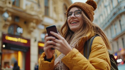 Poster - Woman in hat and glasses looking at her cell phone. Suitable for technology and communication concepts